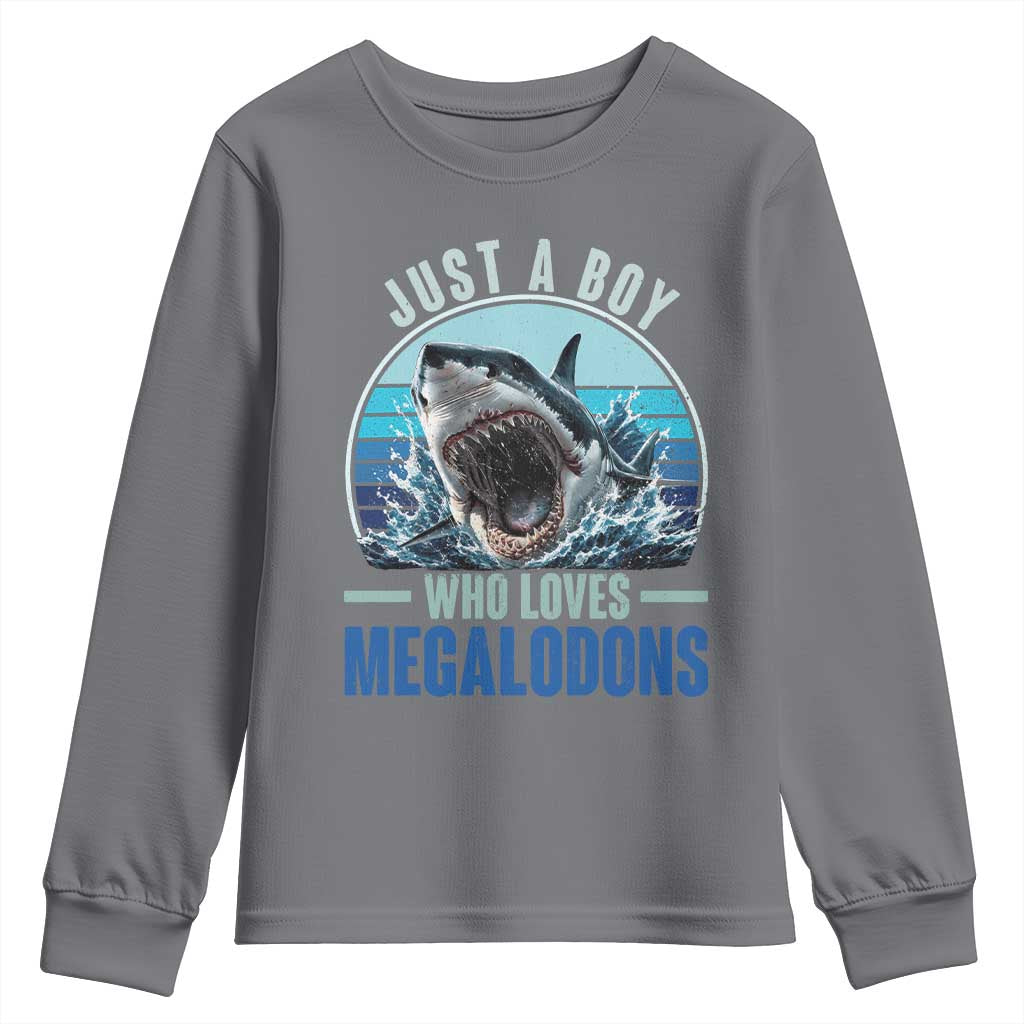 Just A Boy Who Loves Megalodons Youth Sweatshirt Megalodon Shark Lover Retro Graphic