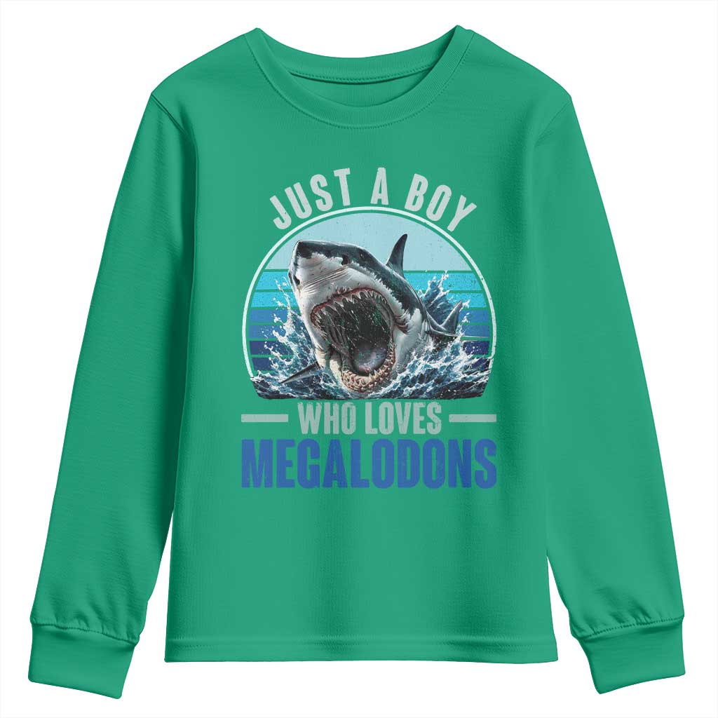 Just A Boy Who Loves Megalodons Youth Sweatshirt Megalodon Shark Lover Retro Graphic