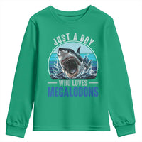 Just A Boy Who Loves Megalodons Youth Sweatshirt Megalodon Shark Lover Retro Graphic
