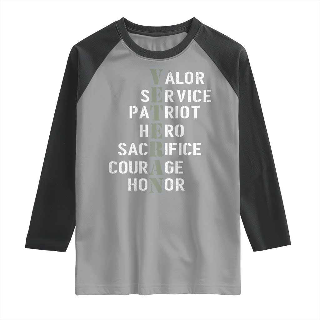 Veterans Valor Service Patriot Hero Sacrifice Courage Honor Raglan Shirt - Wonder Print Shop