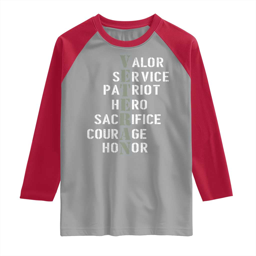 Veterans Valor Service Patriot Hero Sacrifice Courage Honor Raglan Shirt - Wonder Print Shop