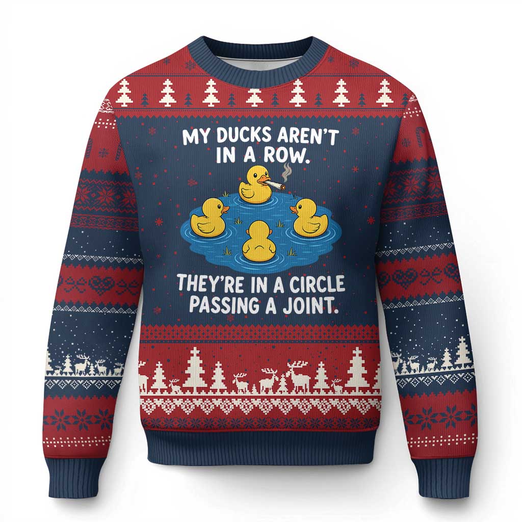 My Duck Arent In A Row They Are In A Circle Passing A Joint Ugly Christmas Sweater Funny Duck Cannabis Cigarette