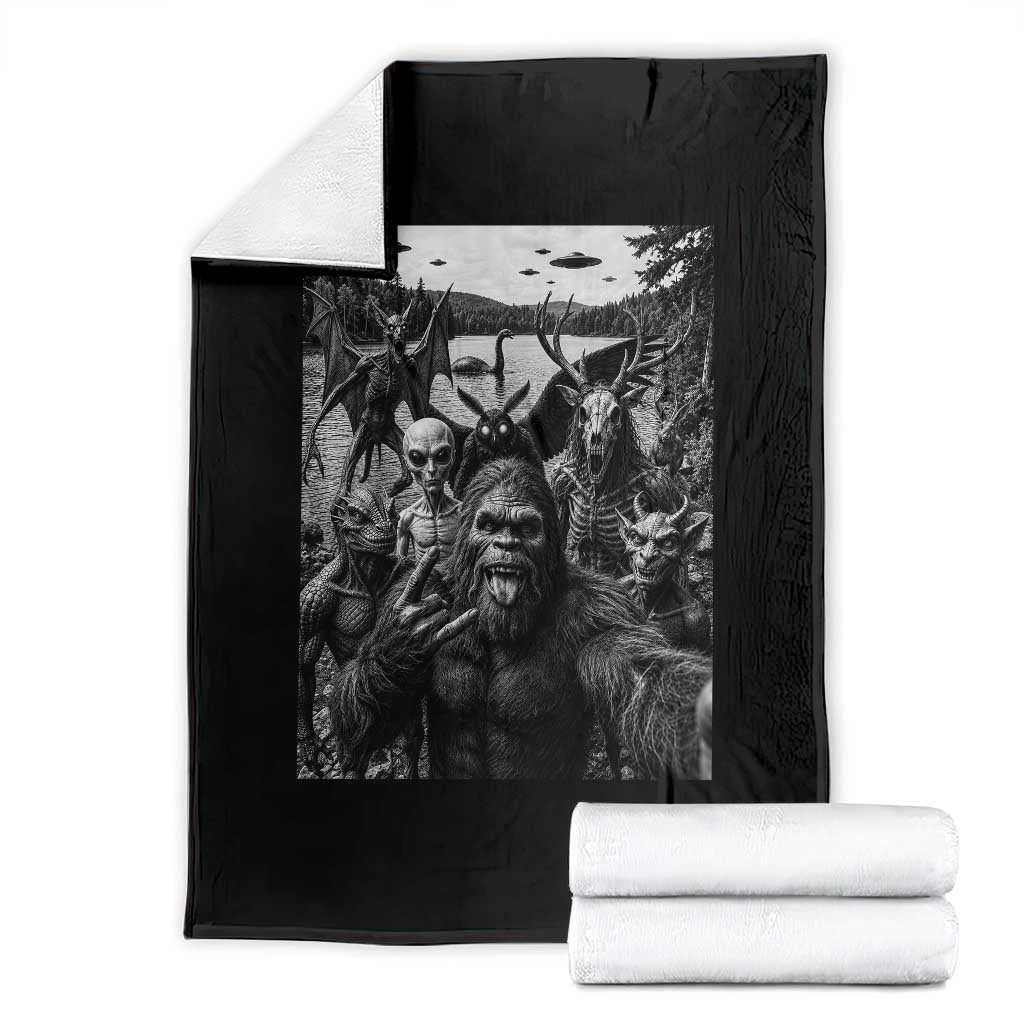 Funny Cryptid Creatures Selfie Throw Blanket Bigfoot Alien Cryptozoology Fantasy Mythical Monsters