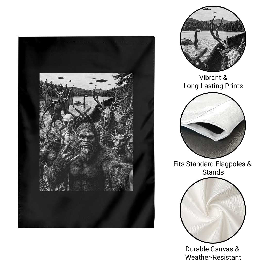 Funny Cryptid Creatures Selfie Garden Flag Bigfoot Alien Cryptozoology Fantasy Mythical Monsters