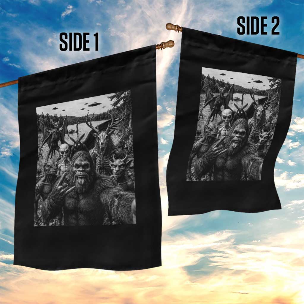 Funny Cryptid Creatures Selfie Garden Flag Bigfoot Alien Cryptozoology Fantasy Mythical Monsters