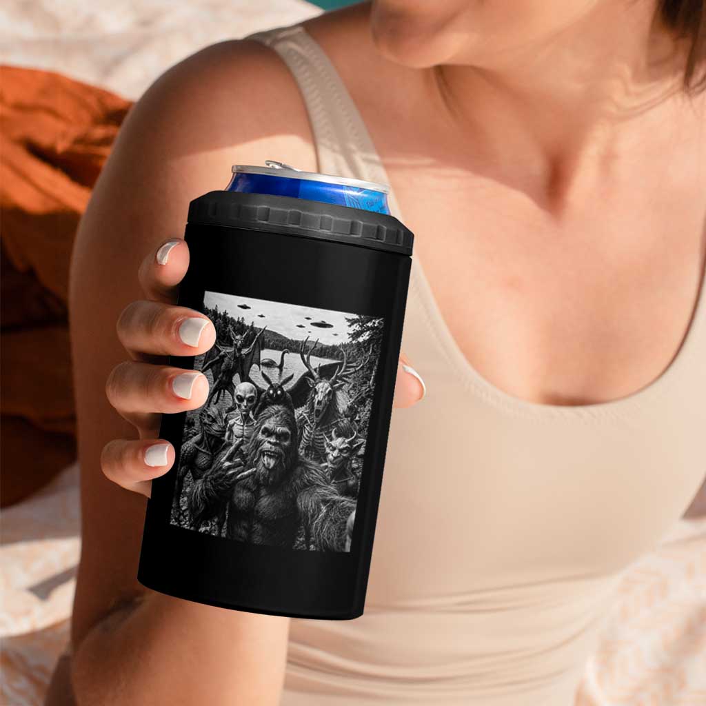 Funny Cryptid Creatures Selfie 4 in 1 Can Cooler Tumbler Bigfoot Alien Cryptozoology Fantasy Mythical Monsters