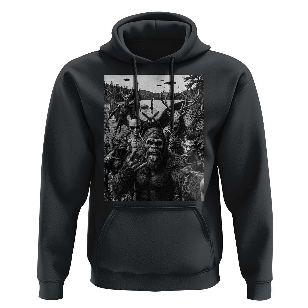 Funny Cryptid Creatures Selfie Hoodie Bigfoot Alien Cryptozoology Fantasy Mythical Monsters