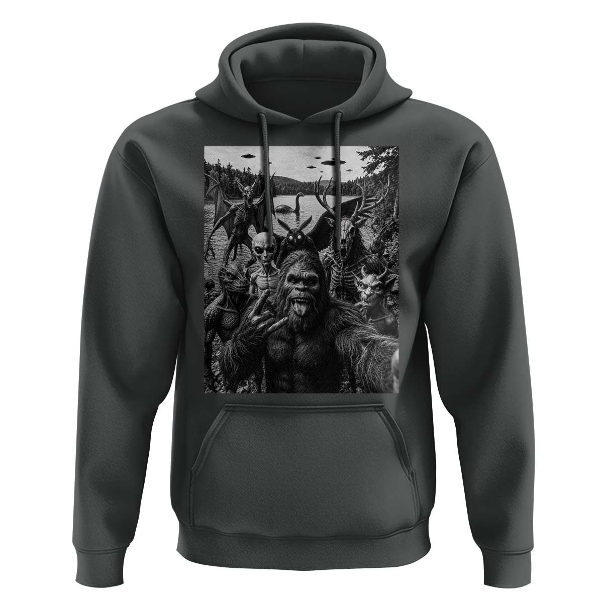 Funny Cryptid Creatures Selfie Hoodie Bigfoot Alien Cryptozoology Fantasy Mythical Monsters