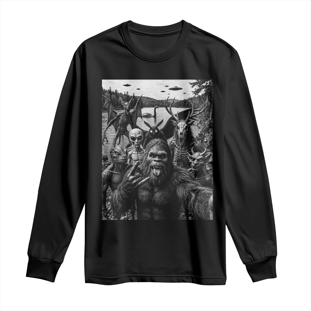 Funny Cryptid Creatures Selfie Long Sleeve Shirt Bigfoot Alien Cryptozoology Fantasy Mythical Monsters