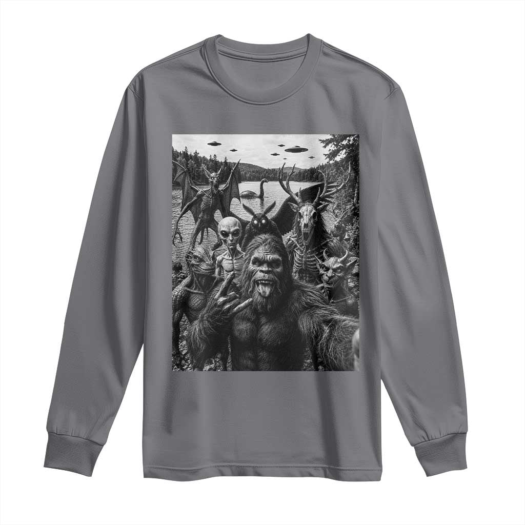 Funny Cryptid Creatures Selfie Long Sleeve Shirt Bigfoot Alien Cryptozoology Fantasy Mythical Monsters