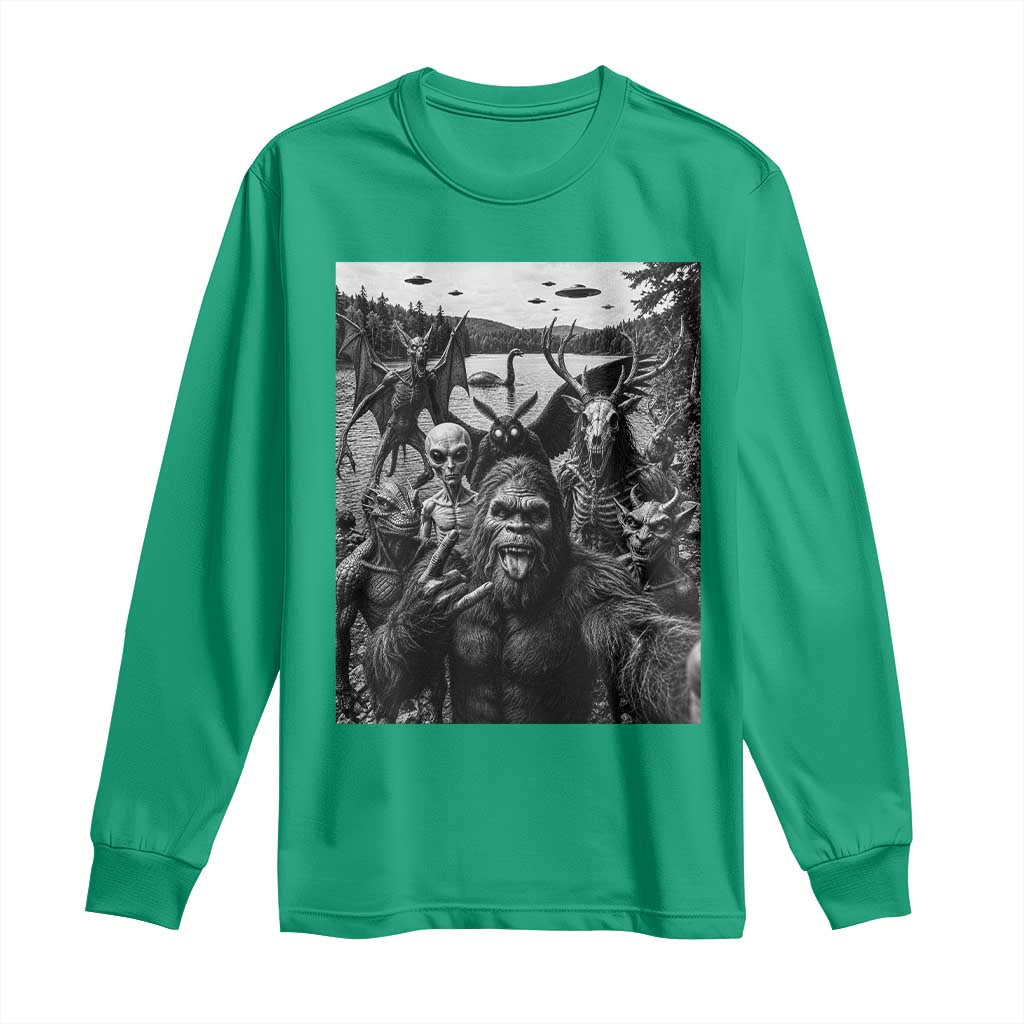 Funny Cryptid Creatures Selfie Long Sleeve Shirt Bigfoot Alien Cryptozoology Fantasy Mythical Monsters