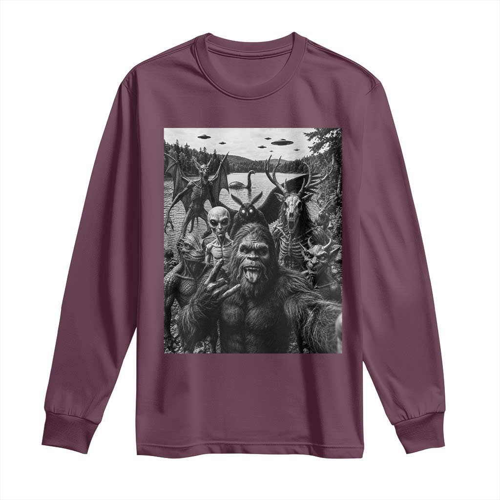 Funny Cryptid Creatures Selfie Long Sleeve Shirt Bigfoot Alien Cryptozoology Fantasy Mythical Monsters