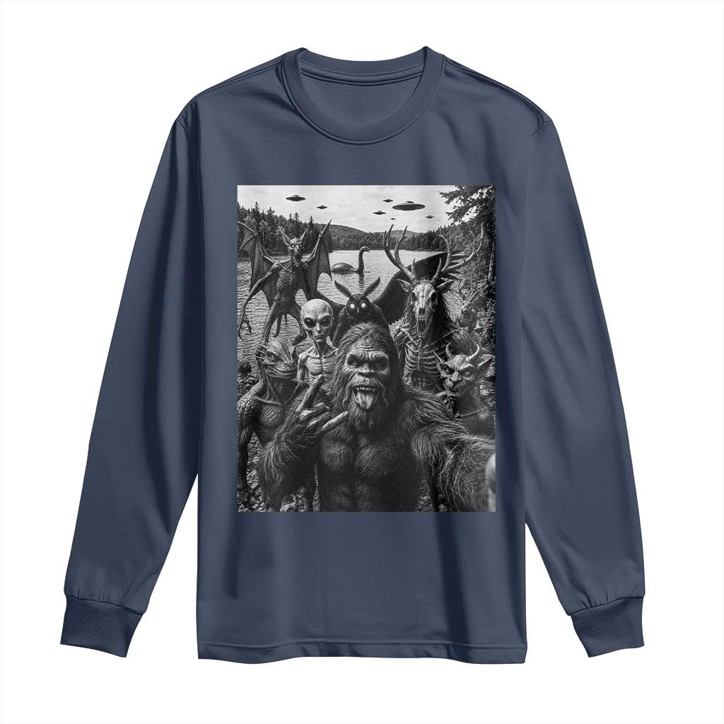 Funny Cryptid Creatures Selfie Long Sleeve Shirt Bigfoot Alien Cryptozoology Fantasy Mythical Monsters
