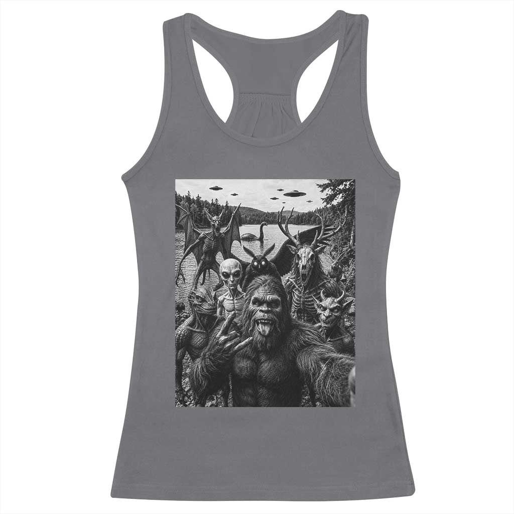 Funny Cryptid Creatures Selfie Racerback Tank Top Bigfoot Alien Cryptozoology Fantasy Mythical Monsters