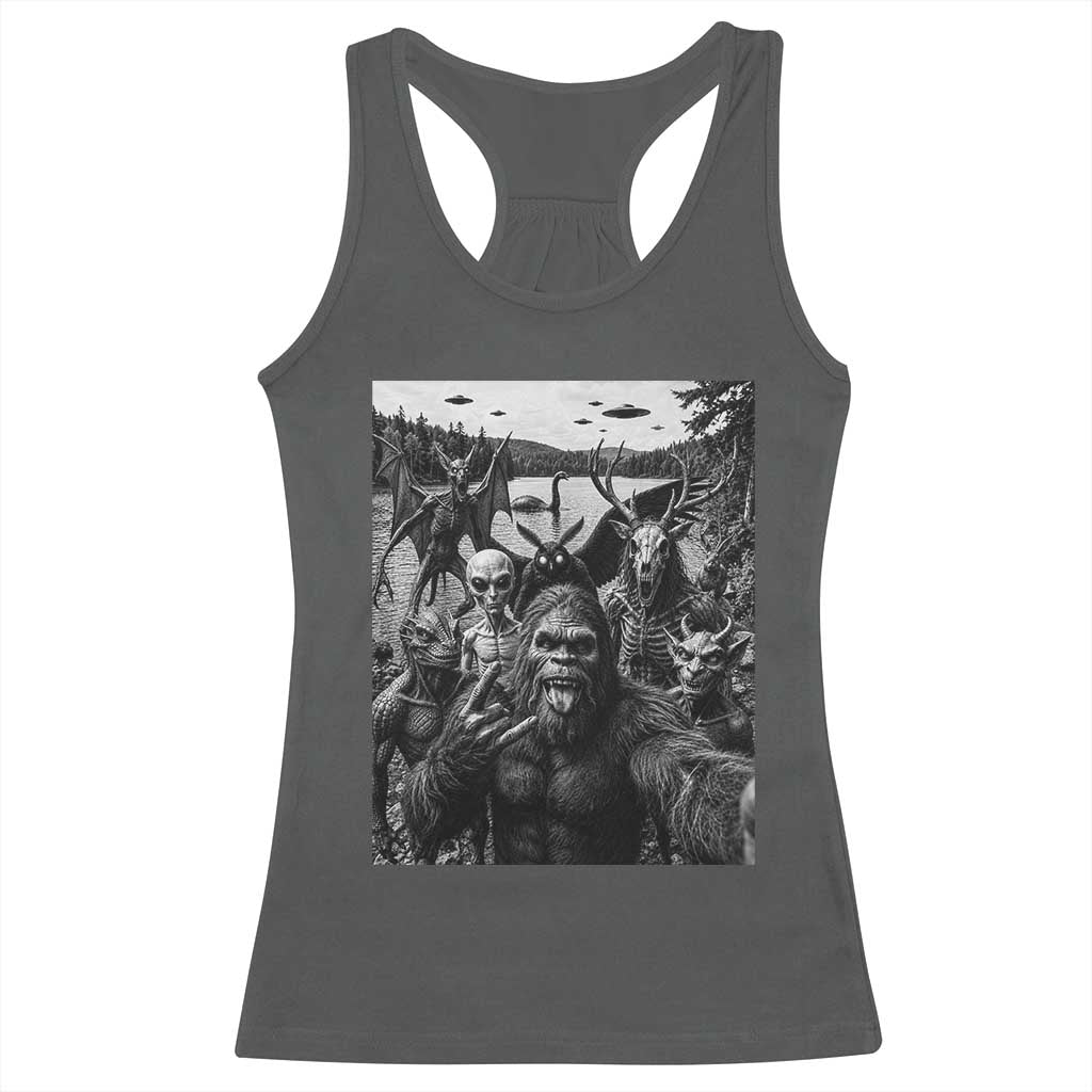 Funny Cryptid Creatures Selfie Racerback Tank Top Bigfoot Alien Cryptozoology Fantasy Mythical Monsters