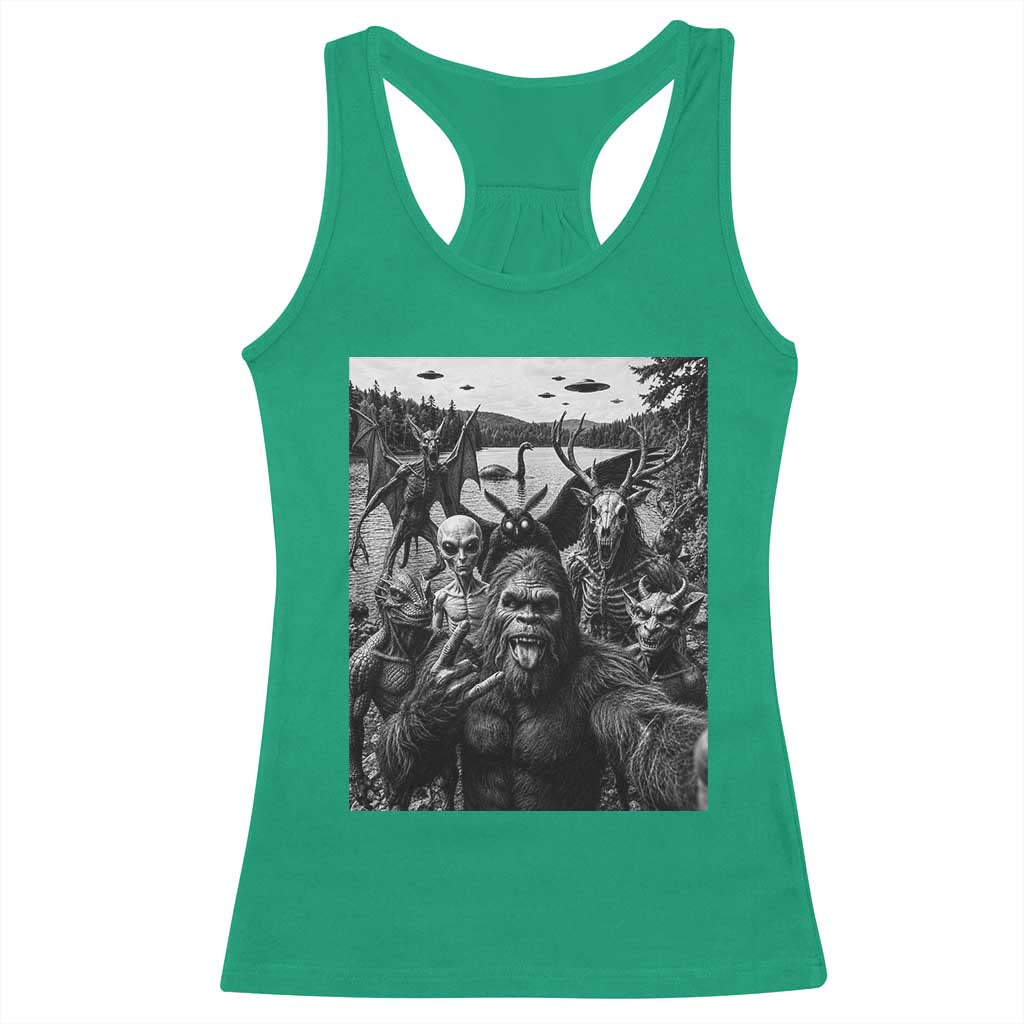 Funny Cryptid Creatures Selfie Racerback Tank Top Bigfoot Alien Cryptozoology Fantasy Mythical Monsters