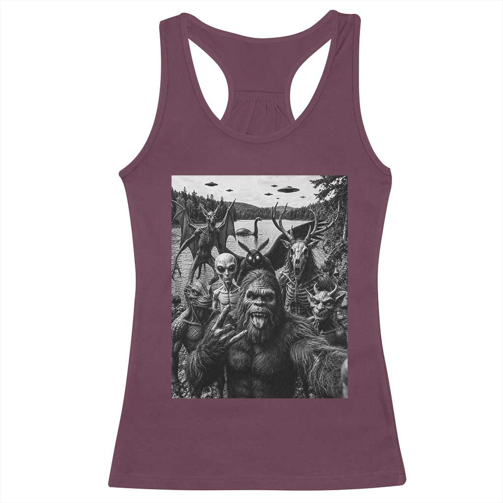 Funny Cryptid Creatures Selfie Racerback Tank Top Bigfoot Alien Cryptozoology Fantasy Mythical Monsters