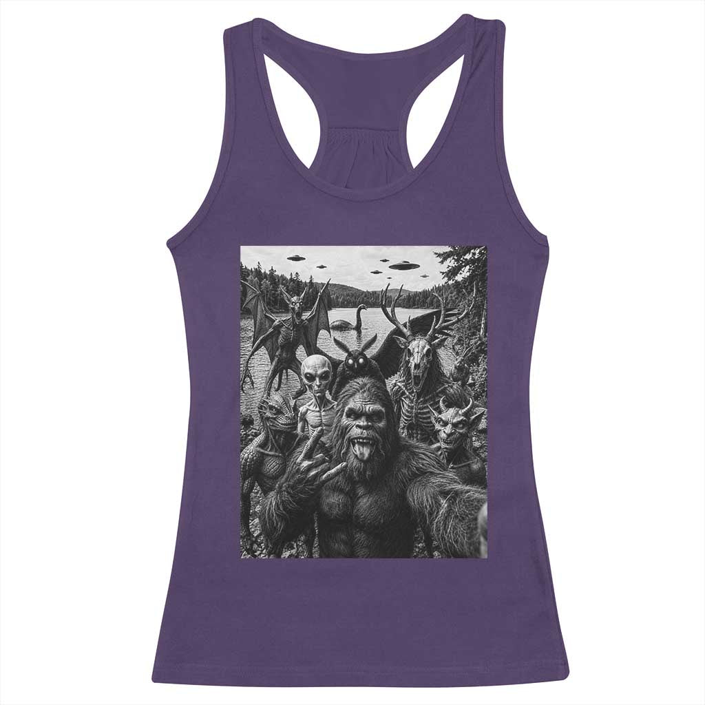 Funny Cryptid Creatures Selfie Racerback Tank Top Bigfoot Alien Cryptozoology Fantasy Mythical Monsters