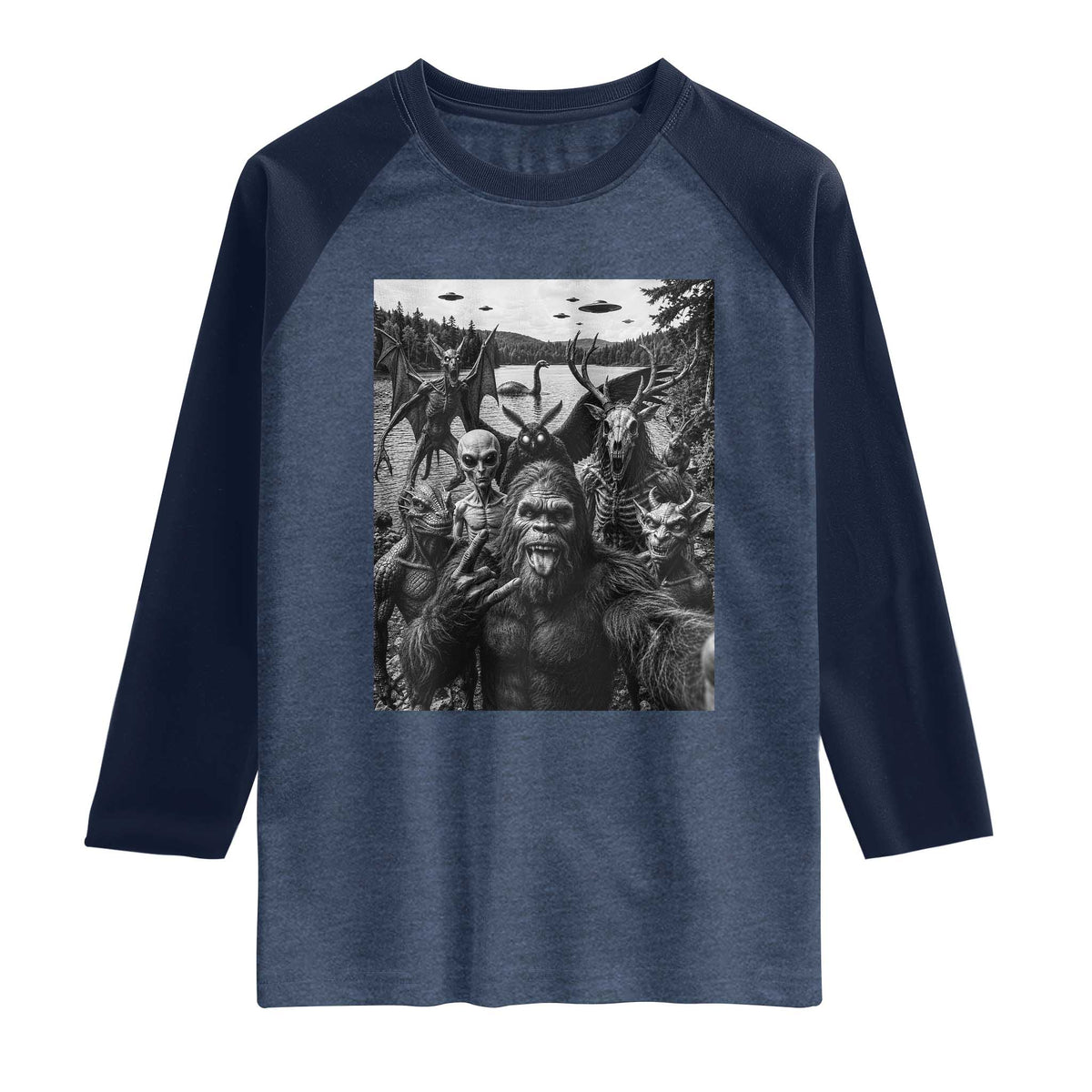 Funny Cryptid Creatures Selfie Raglan Shirt Bigfoot Alien Cryptozoology Fantasy Mythical Monsters