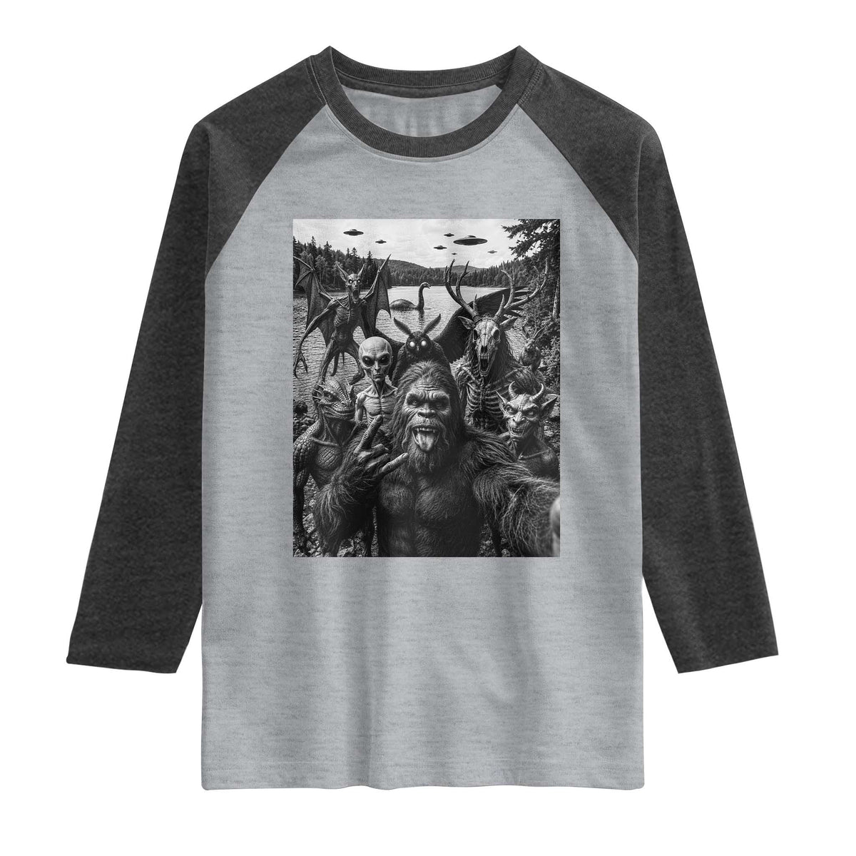 Funny Cryptid Creatures Selfie Raglan Shirt Bigfoot Alien Cryptozoology Fantasy Mythical Monsters