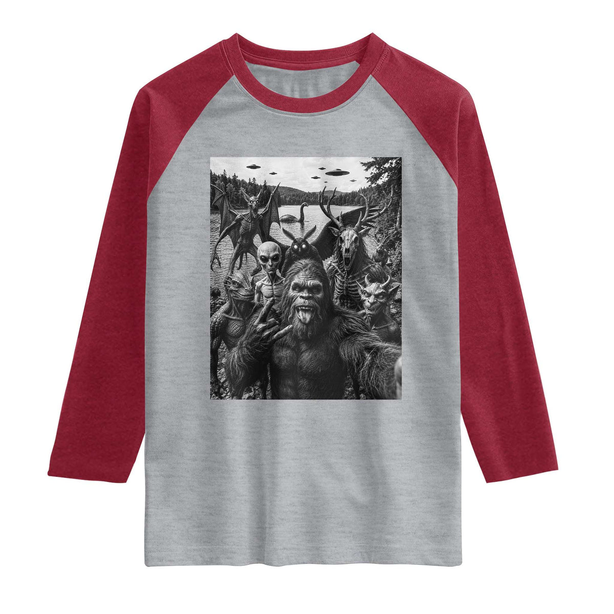 Funny Cryptid Creatures Selfie Raglan Shirt Bigfoot Alien Cryptozoology Fantasy Mythical Monsters