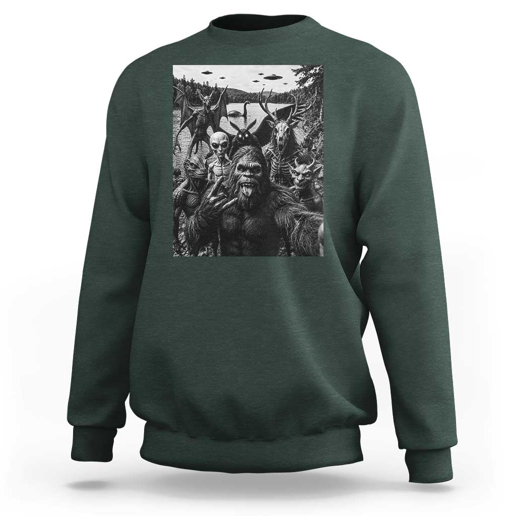 Funny Cryptid Creatures Selfie Sweatshirt Bigfoot Alien Cryptozoology Fantasy Mythical Monsters