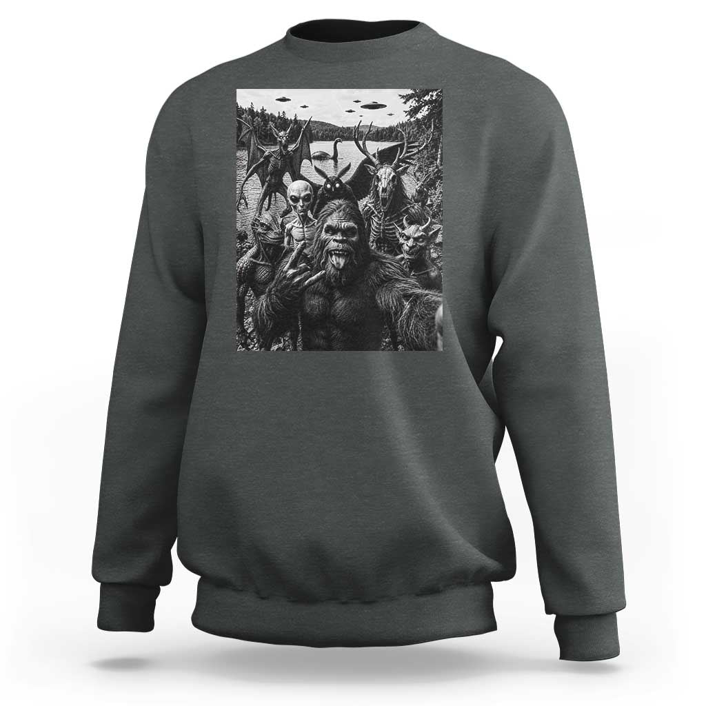 Funny Cryptid Creatures Selfie Sweatshirt Bigfoot Alien Cryptozoology Fantasy Mythical Monsters