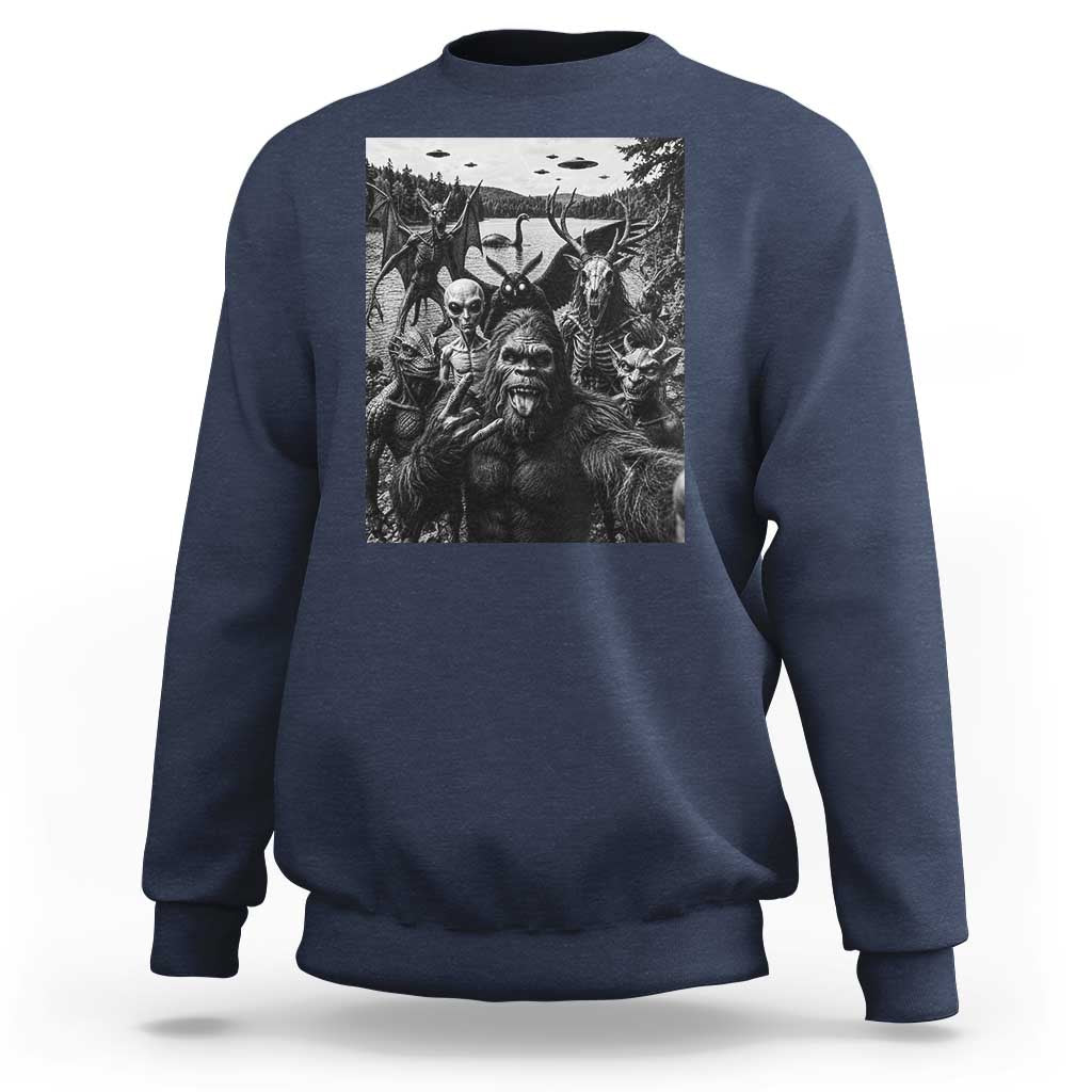 Funny Cryptid Creatures Selfie Sweatshirt Bigfoot Alien Cryptozoology Fantasy Mythical Monsters