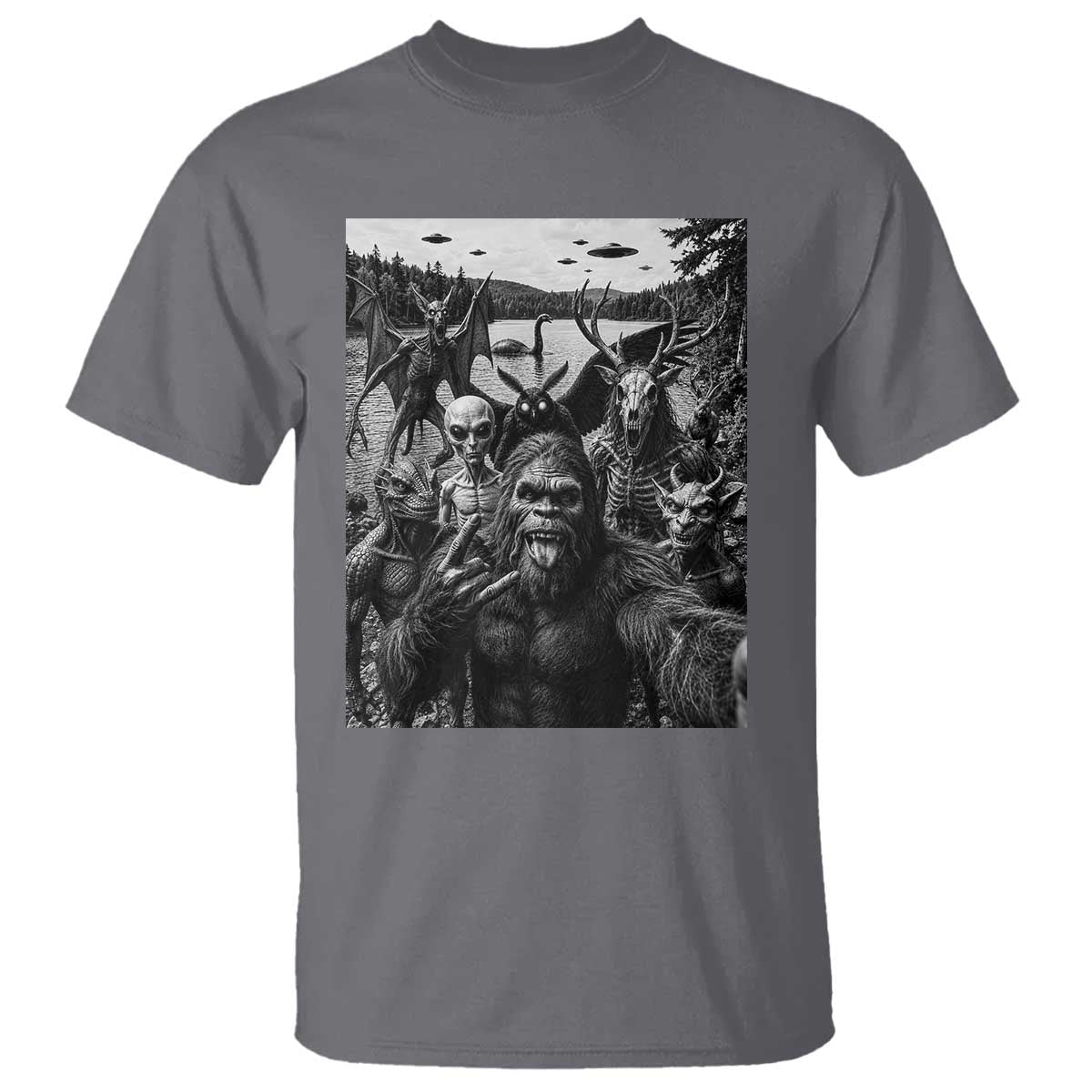 Funny Cryptid Creatures Selfie T Shirt Bigfoot Alien Cryptozoology Fantasy Mythical Monsters