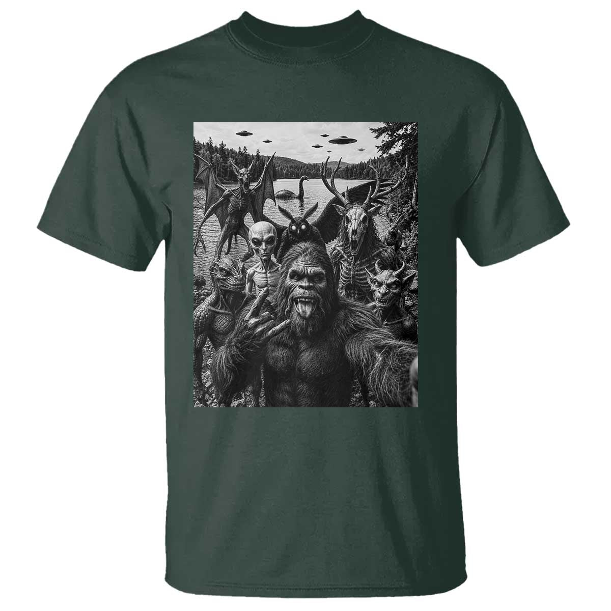 Funny Cryptid Creatures Selfie T Shirt Bigfoot Alien Cryptozoology Fantasy Mythical Monsters