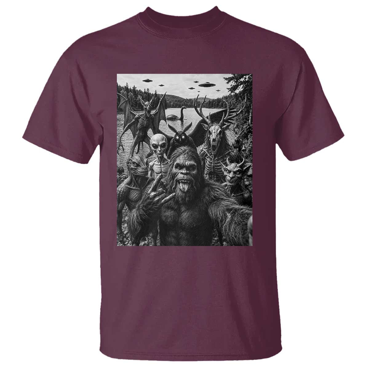 Funny Cryptid Creatures Selfie T Shirt Bigfoot Alien Cryptozoology Fantasy Mythical Monsters