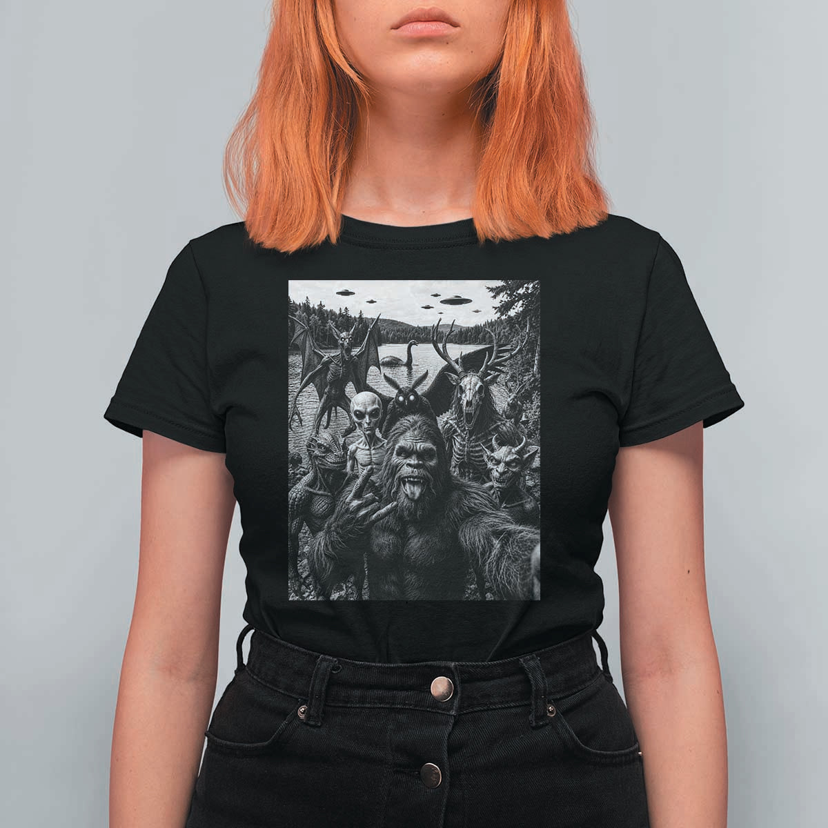 Funny Cryptid Creatures Selfie T Shirt For Women Bigfoot Alien Cryptozoology Fantasy Mythical Monsters