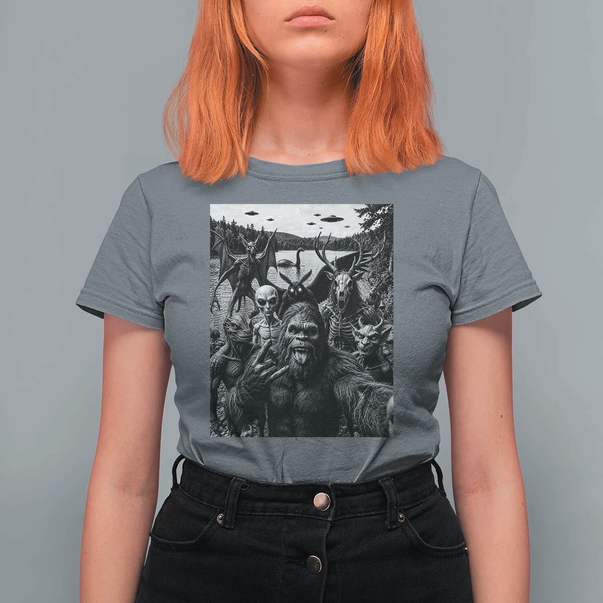 Funny Cryptid Creatures Selfie T Shirt For Women Bigfoot Alien Cryptozoology Fantasy Mythical Monsters