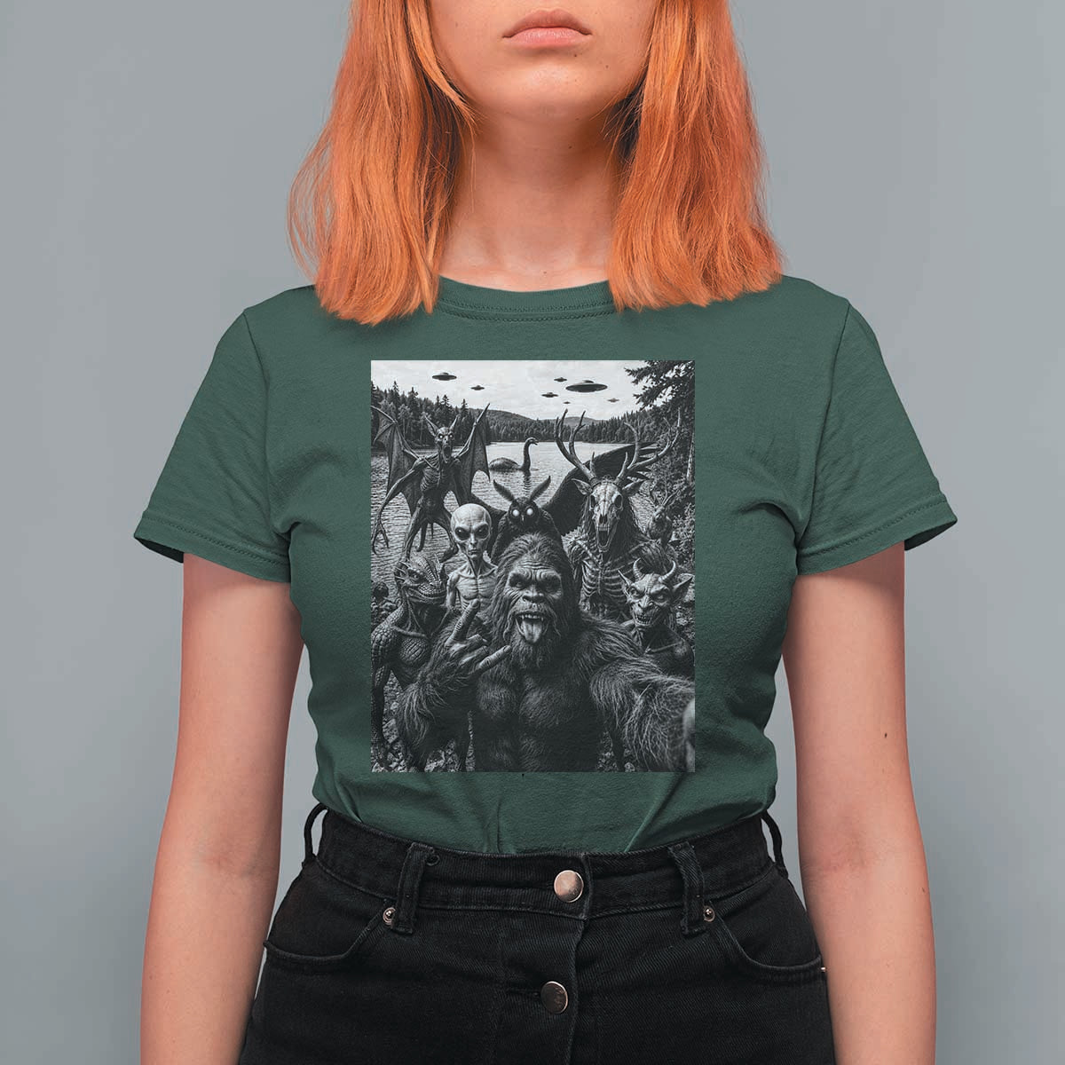 Funny Cryptid Creatures Selfie T Shirt For Women Bigfoot Alien Cryptozoology Fantasy Mythical Monsters