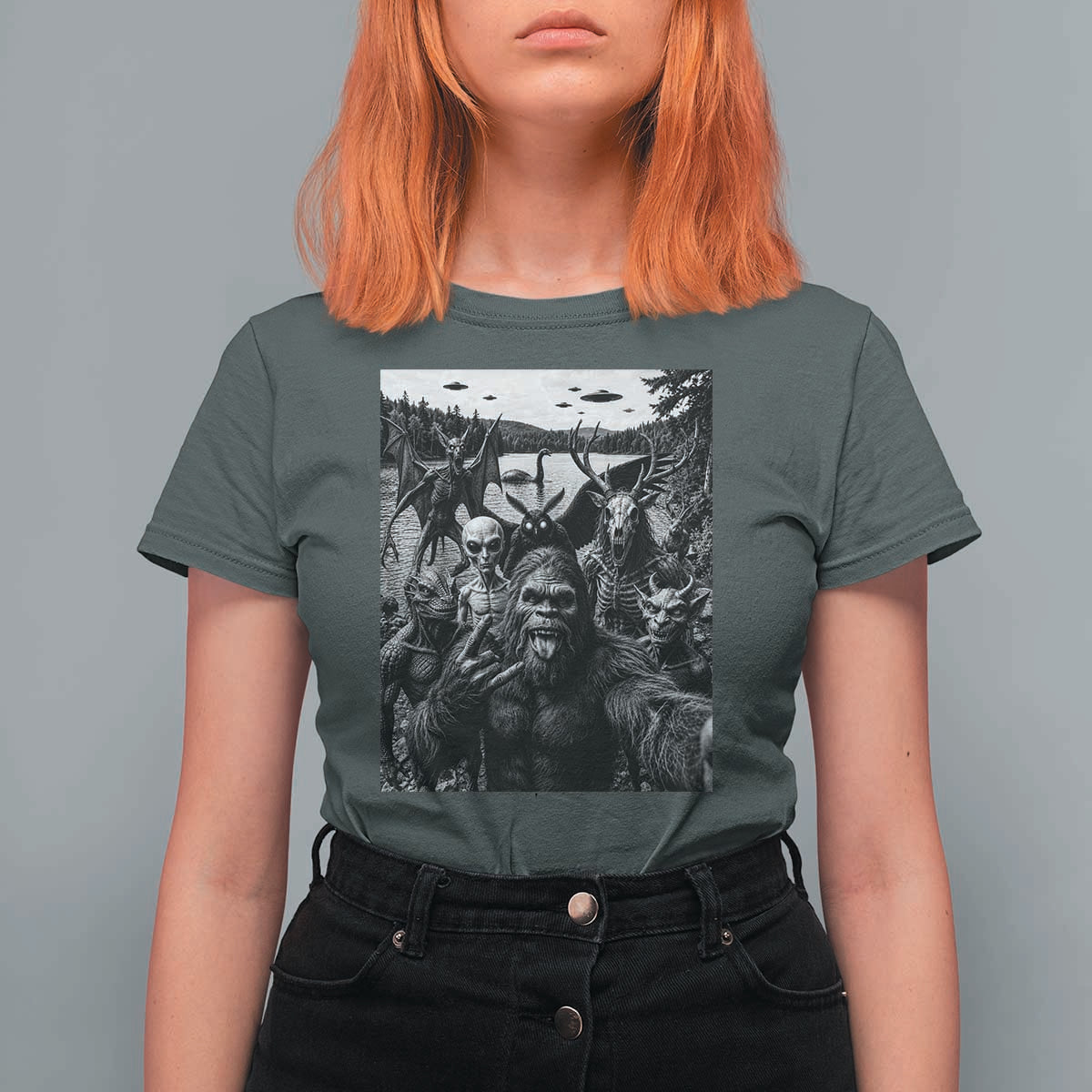 Funny Cryptid Creatures Selfie T Shirt For Women Bigfoot Alien Cryptozoology Fantasy Mythical Monsters
