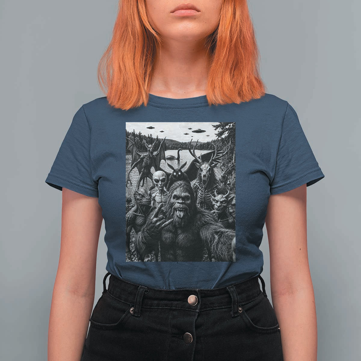Funny Cryptid Creatures Selfie T Shirt For Women Bigfoot Alien Cryptozoology Fantasy Mythical Monsters