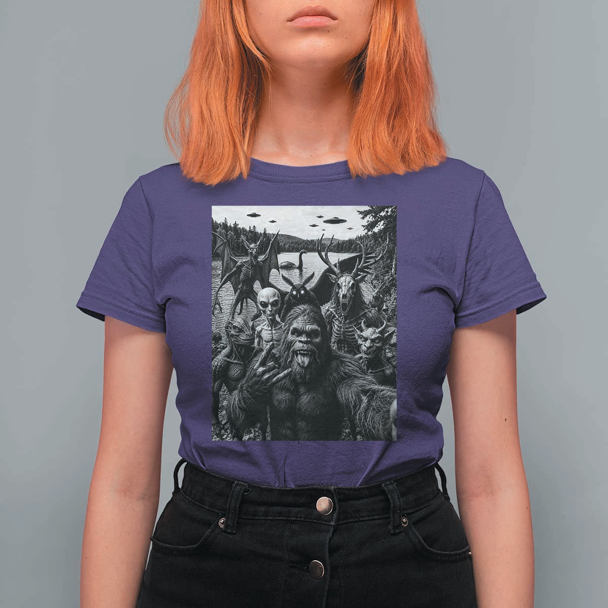 Funny Cryptid Creatures Selfie T Shirt For Women Bigfoot Alien Cryptozoology Fantasy Mythical Monsters