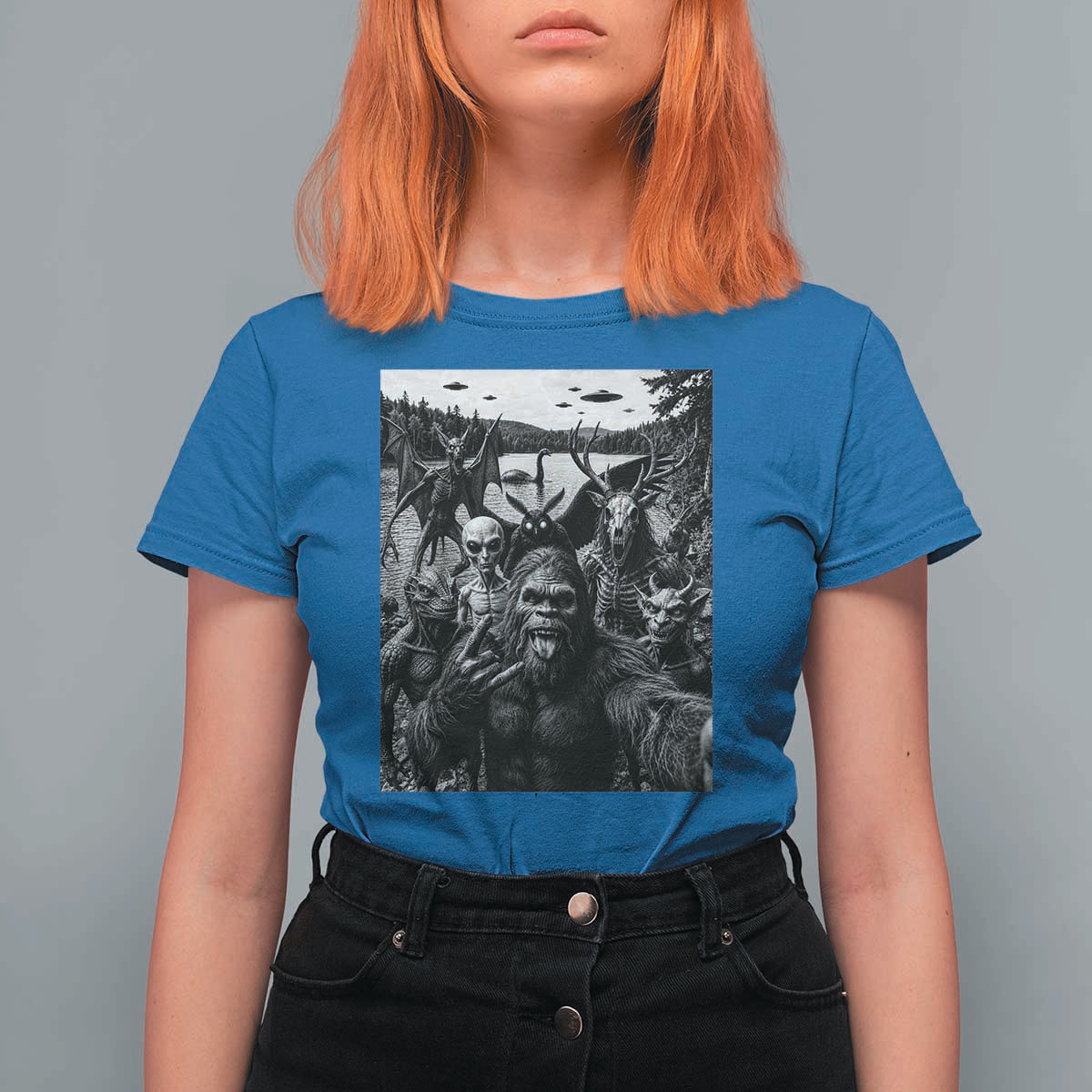 Funny Cryptid Creatures Selfie T Shirt For Women Bigfoot Alien Cryptozoology Fantasy Mythical Monsters