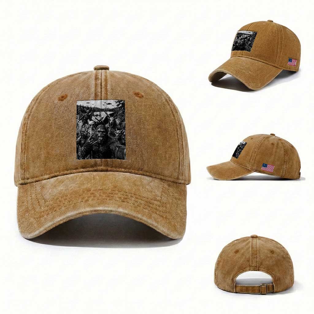 Funny Cryptid Creatures Selfie Washed Cotton Baseball Cap Bigfoot Alien Cryptozoology Fantasy Mythical Monsters
