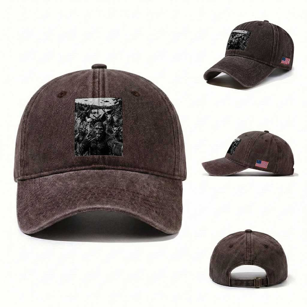 Funny Cryptid Creatures Selfie Washed Cotton Baseball Cap Bigfoot Alien Cryptozoology Fantasy Mythical Monsters