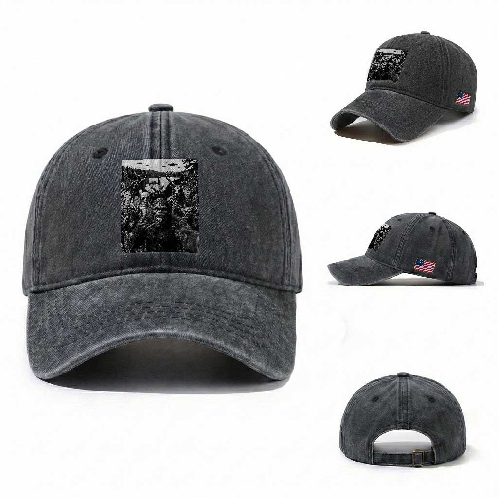 Funny Cryptid Creatures Selfie Washed Cotton Baseball Cap Bigfoot Alien Cryptozoology Fantasy Mythical Monsters