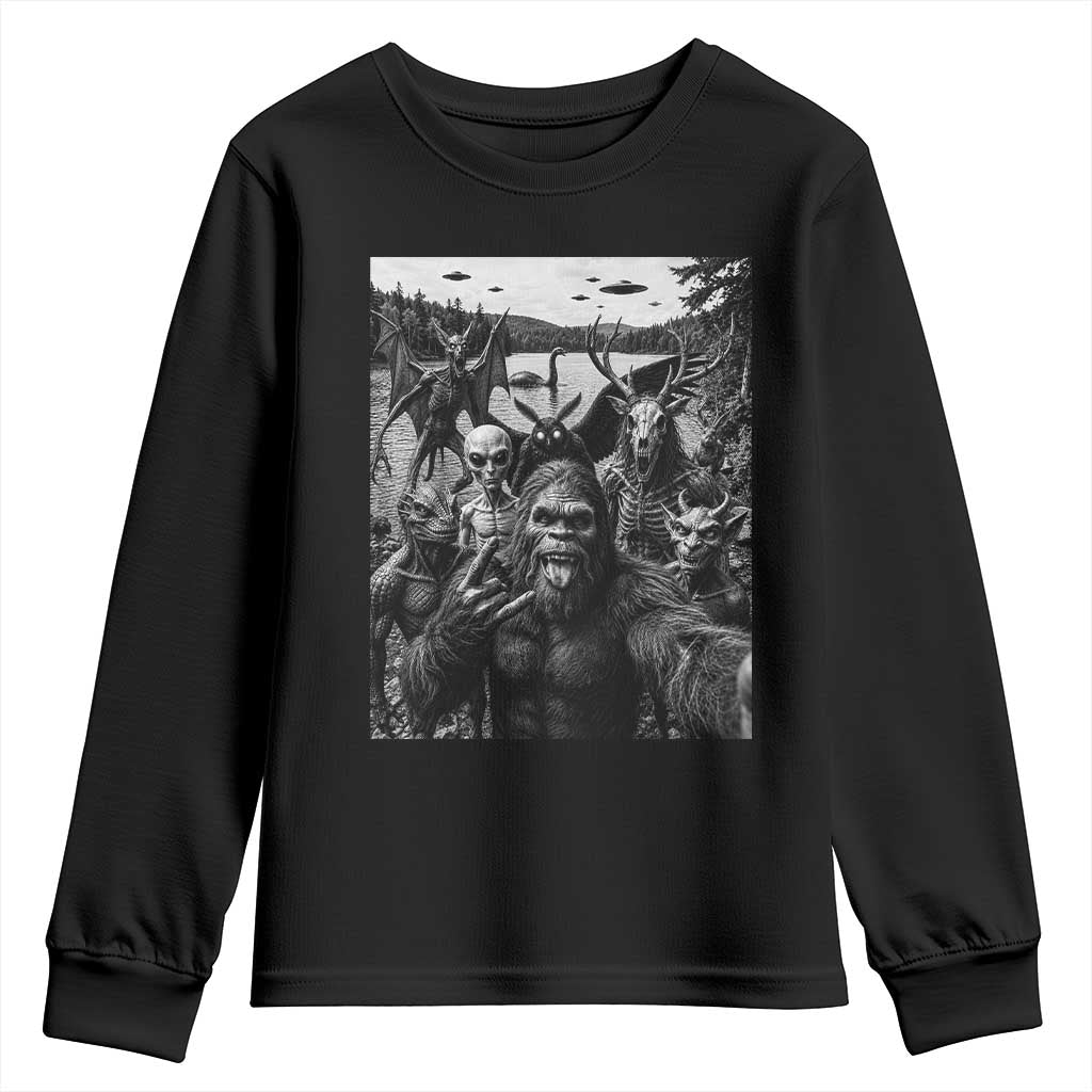 Funny Cryptid Creatures Selfie Youth Sweatshirt Bigfoot Alien Cryptozoology Fantasy Mythical Monsters