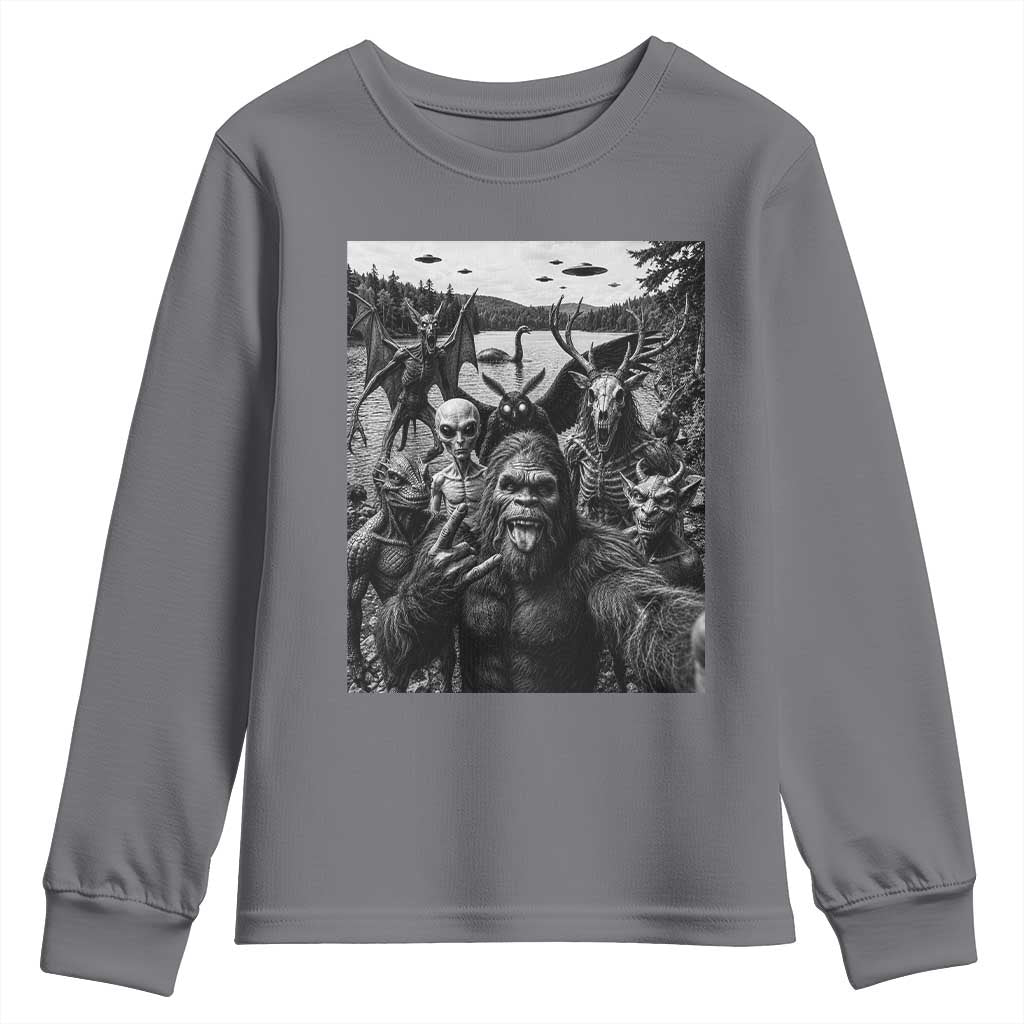 Funny Cryptid Creatures Selfie Youth Sweatshirt Bigfoot Alien Cryptozoology Fantasy Mythical Monsters