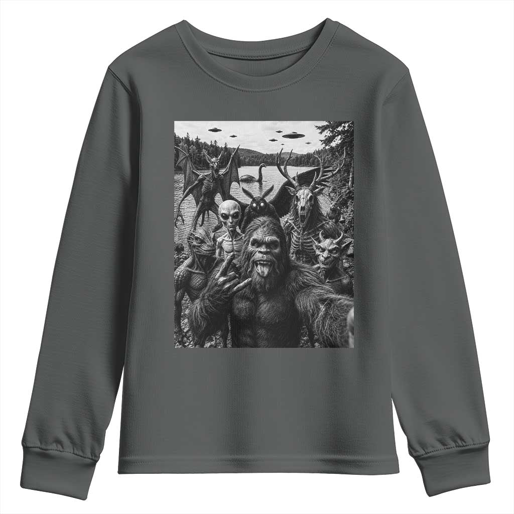 Funny Cryptid Creatures Selfie Youth Sweatshirt Bigfoot Alien Cryptozoology Fantasy Mythical Monsters