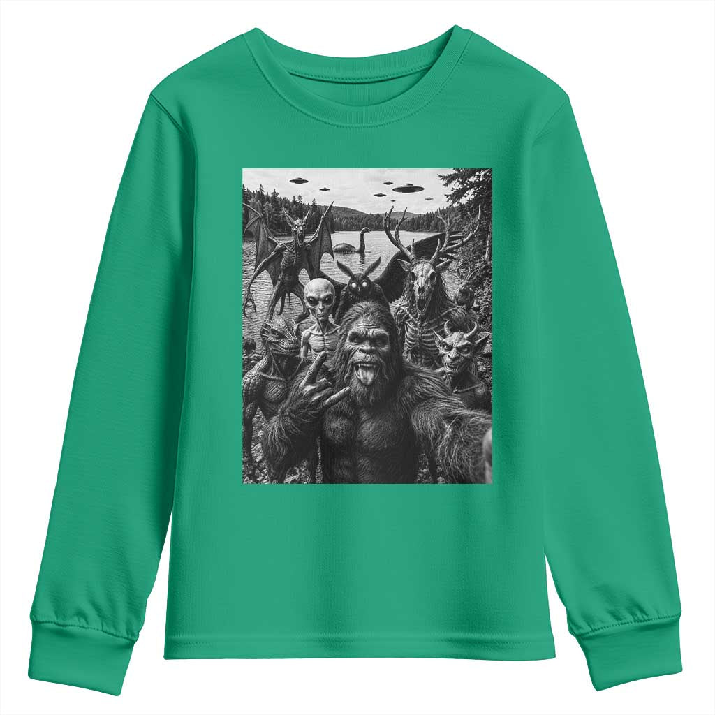 Funny Cryptid Creatures Selfie Youth Sweatshirt Bigfoot Alien Cryptozoology Fantasy Mythical Monsters