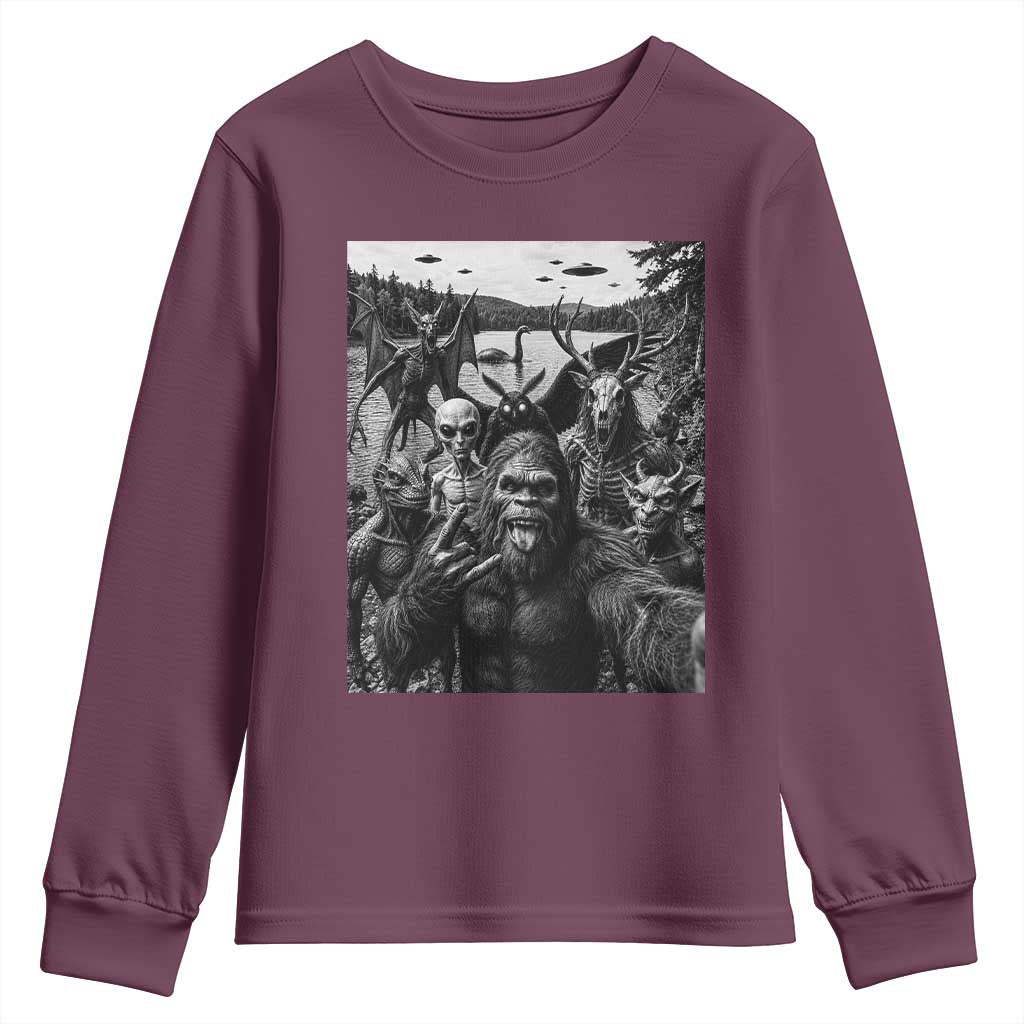 Funny Cryptid Creatures Selfie Youth Sweatshirt Bigfoot Alien Cryptozoology Fantasy Mythical Monsters