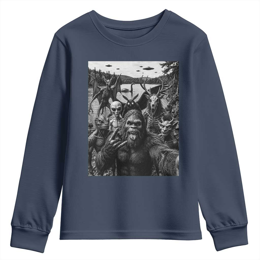 Funny Cryptid Creatures Selfie Youth Sweatshirt Bigfoot Alien Cryptozoology Fantasy Mythical Monsters