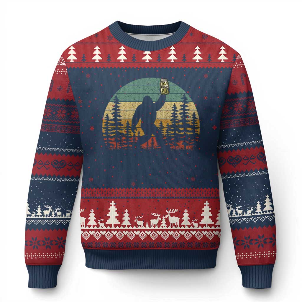 Funny Bigfoot Pickles Lover Ugly Christmas Sweater Retro Sasquatch Cucumber Food Lover
