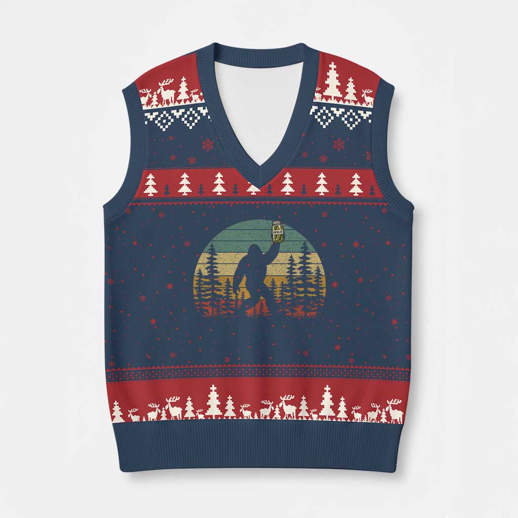 Funny Bigfoot Pickles Lover V-Neck Knit Sweater Vest Retro Sasquatch Cucumber Food Lover