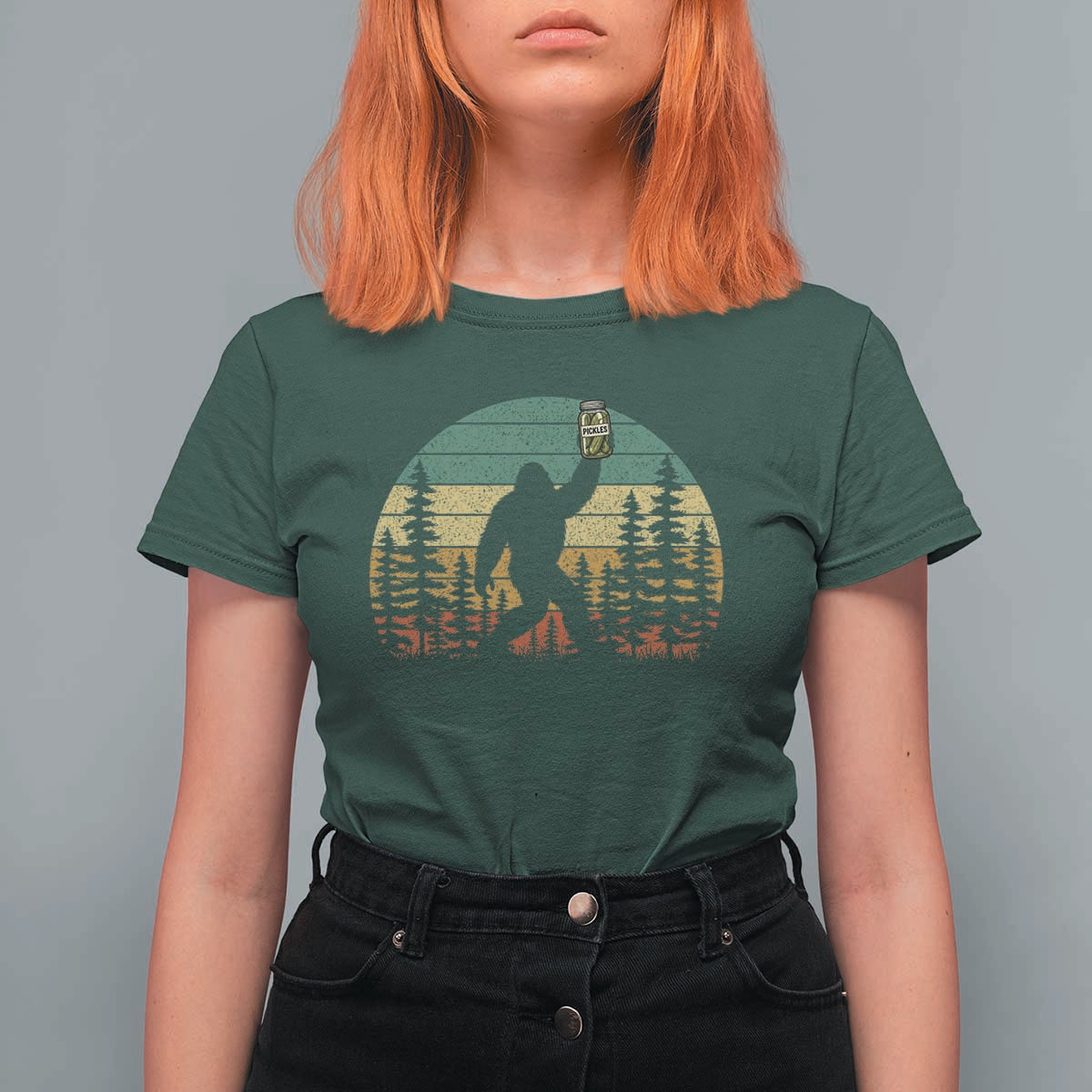 Funny Bigfoot Pickles Lover T Shirt For Women Retro Sasquatch Cucumber Food Lover
